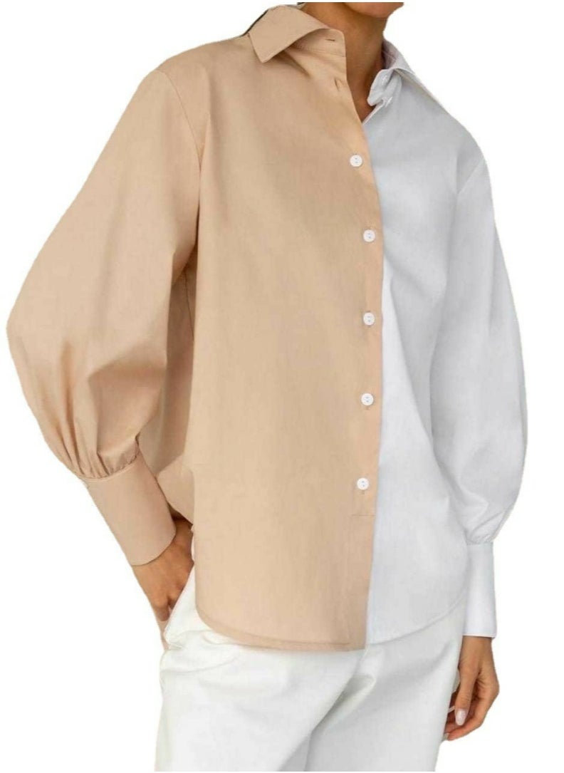 Women's Long Sleeve Two Tone Shirts Casual Loose Button Blouses Tops Beige/White