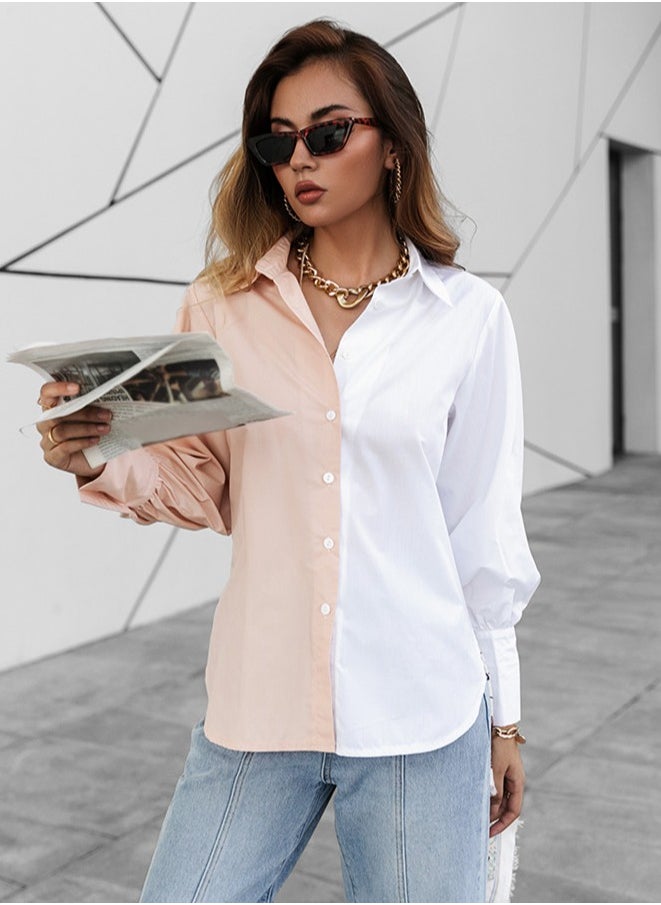 Women's Long Sleeve Two Tone Shirts Casual Loose Button Blouses Tops Beige/White