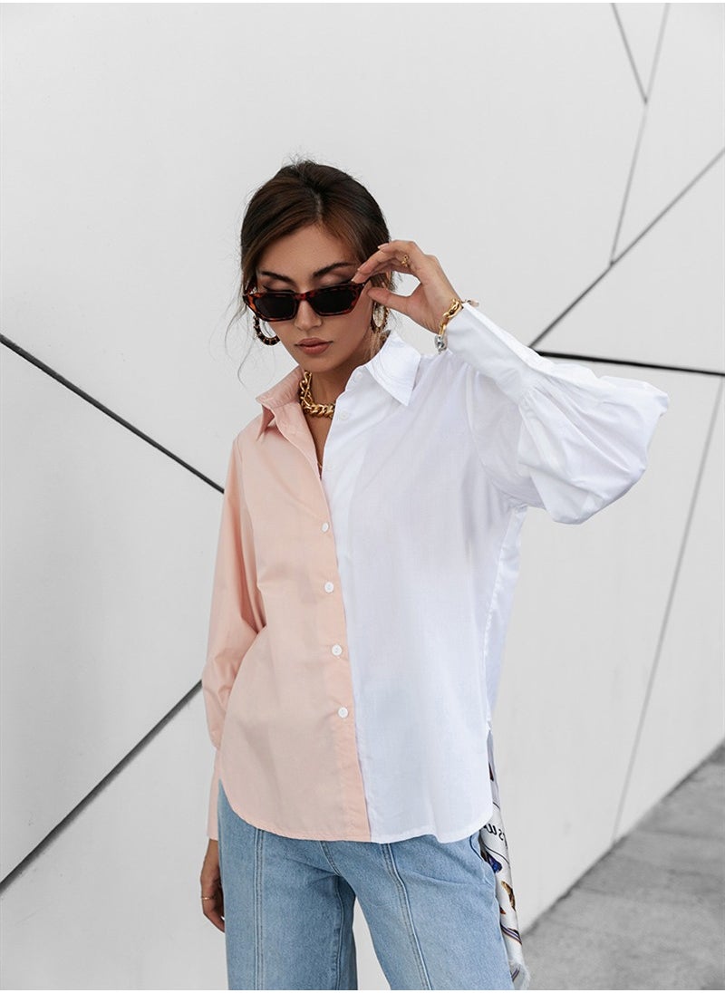 Women's Long Sleeve Two Tone Shirts Casual Loose Button Blouses Tops Beige/White