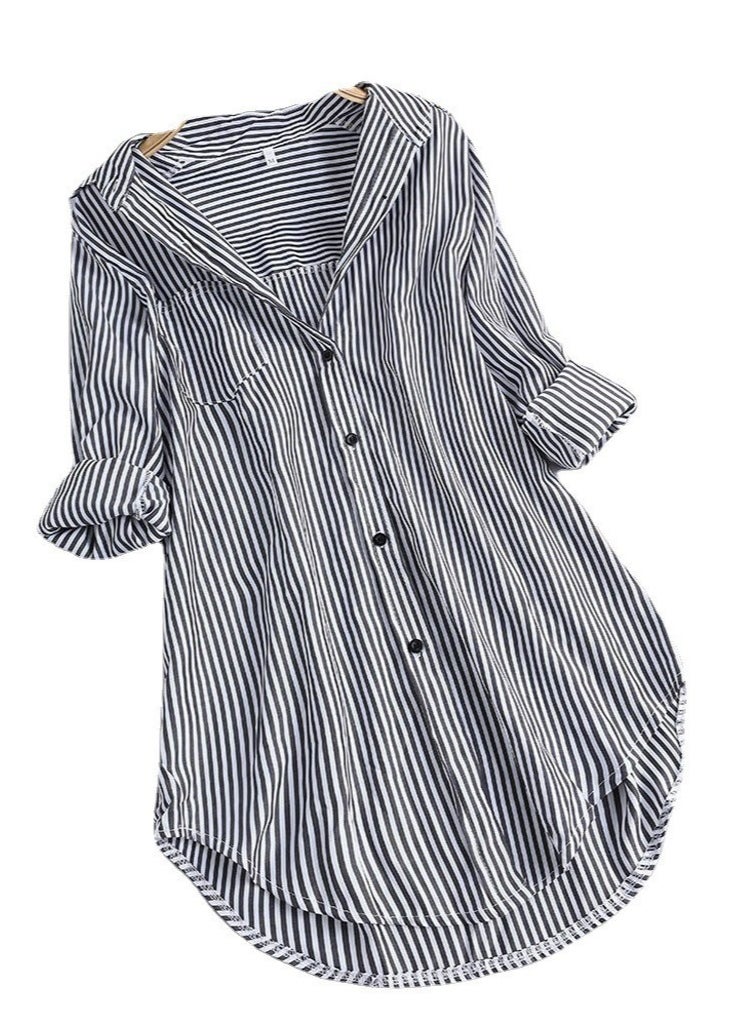 Women's Stripes Long Sleeve Lapel Shirts Casual Loose Blouses