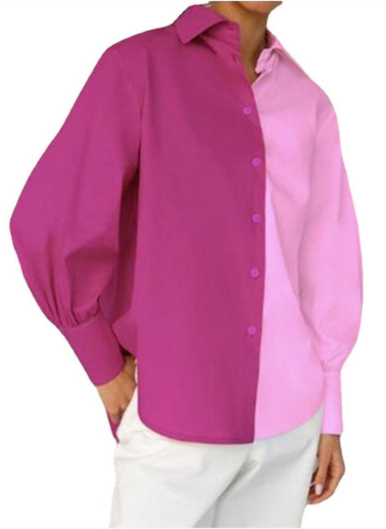 Women's Long Sleeve Two Tone Shirts Casual Loose Button Blouses Tops Rose Pink/Pink