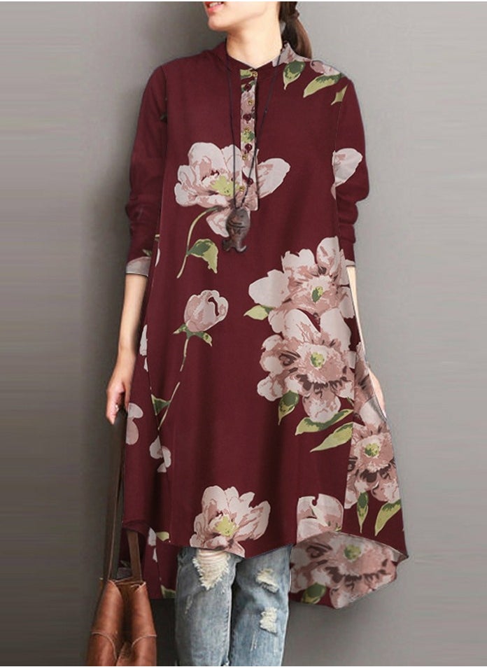 Women's Floral Printed Long Sleeve Shirts Loose Casual Long Length Asymmetric Hem Blouses