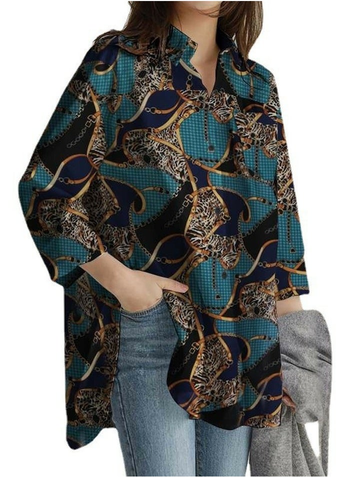 Women's Printed Long Sleeve Shirts Casual Loose Button Blouses Tops