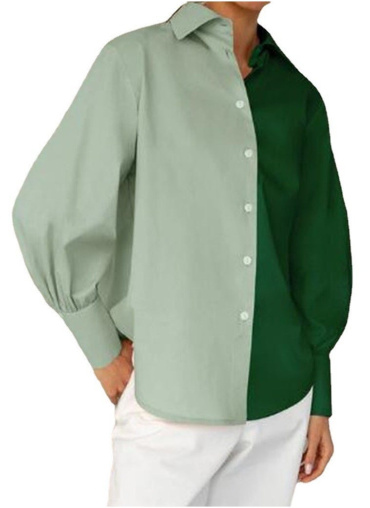 Women's Long Sleeve Two Tone Shirts Casual Loose Button Blouses Tops Mint Green/Dark Green