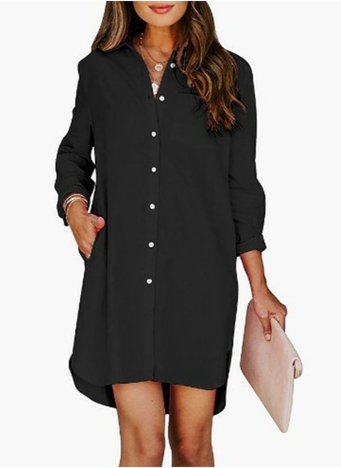 Women's Solid Long Length Lapel Shirts Casual Asymmetric Hem Blouses Black