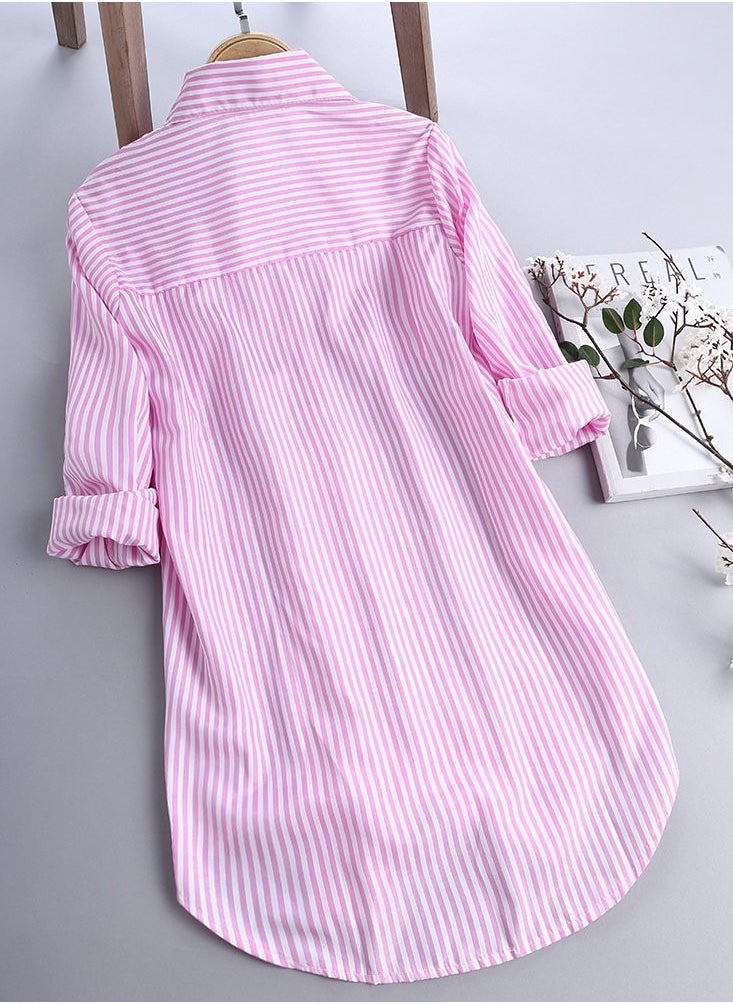 Women's Stripes Long Sleeve Lapel Shirts Casual Loose Blouses