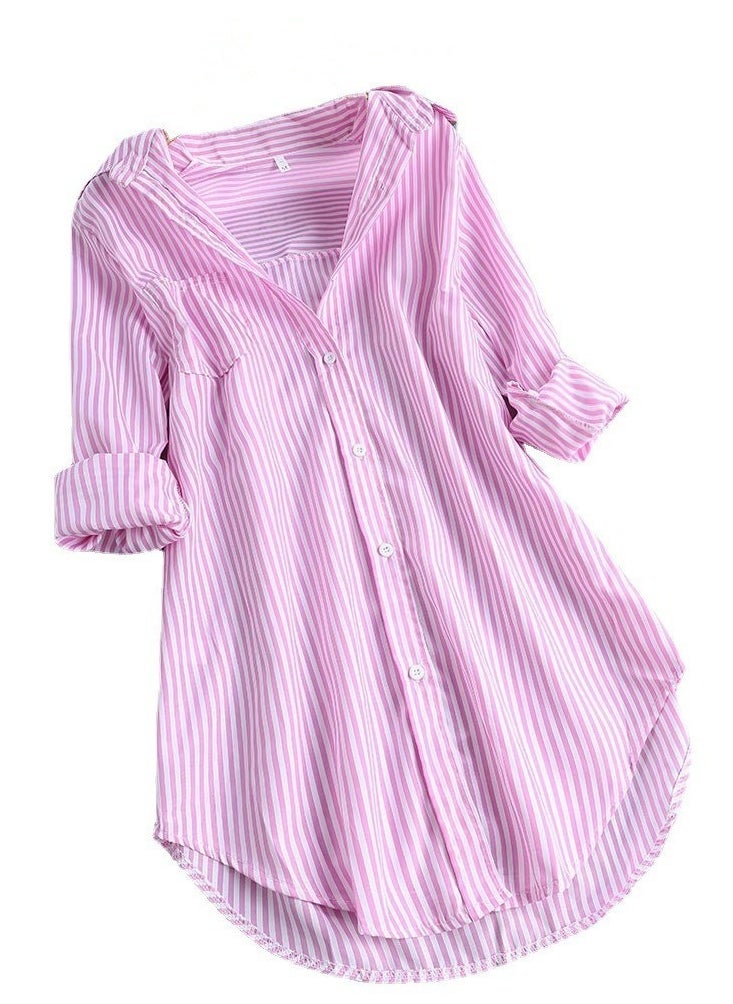 Women's Stripes Long Sleeve Lapel Shirts Casual Loose Blouses