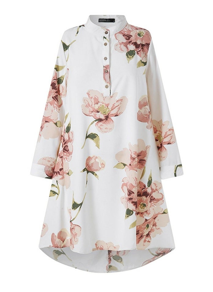 Women's Floral Printed Long Sleeve Shirts Loose Casual Long Length Asymmetric Hem Blouses