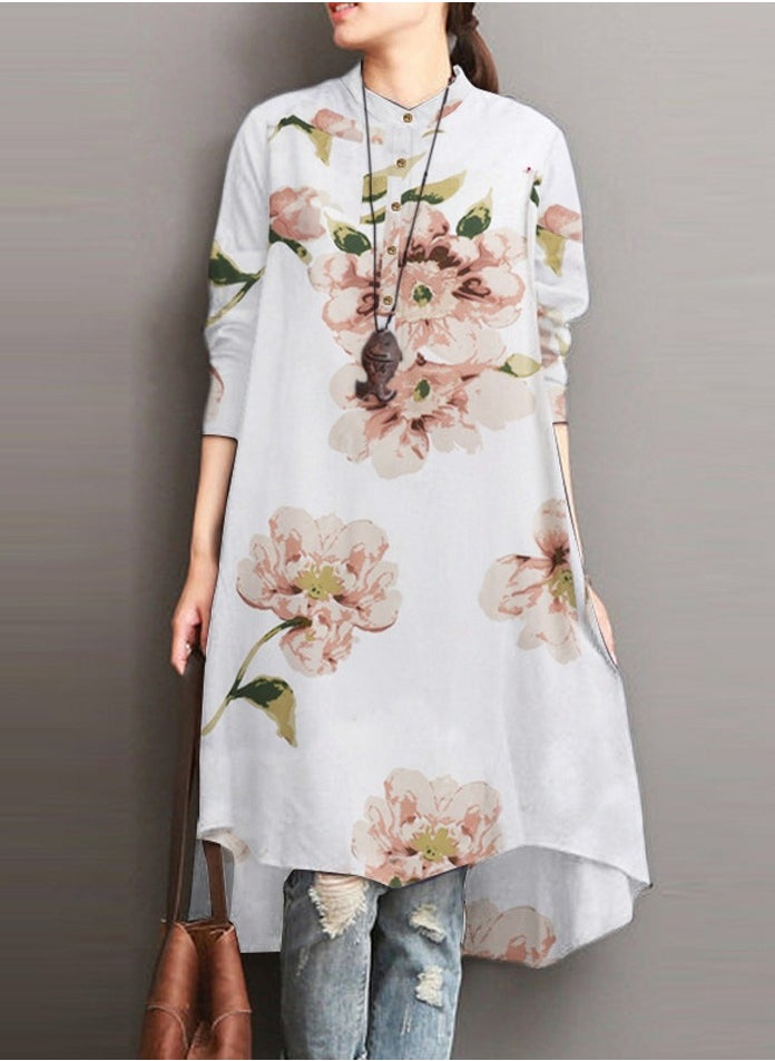 Women's Floral Printed Long Sleeve Shirts Loose Casual Long Length Asymmetric Hem Blouses