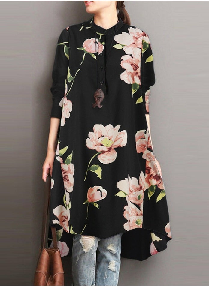 Women's Floral Printed Long Sleeve Shirts Loose Casual Long Length Asymmetric Hem Blouses