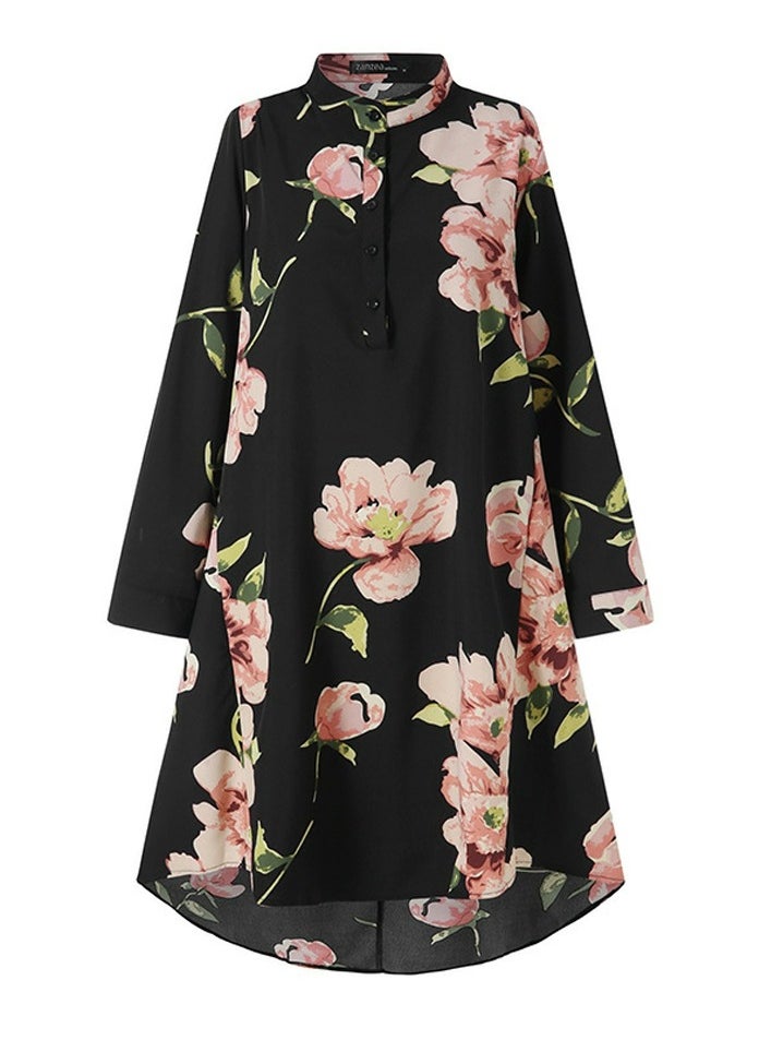 Women's Floral Printed Long Sleeve Shirts Loose Casual Long Length Asymmetric Hem Blouses