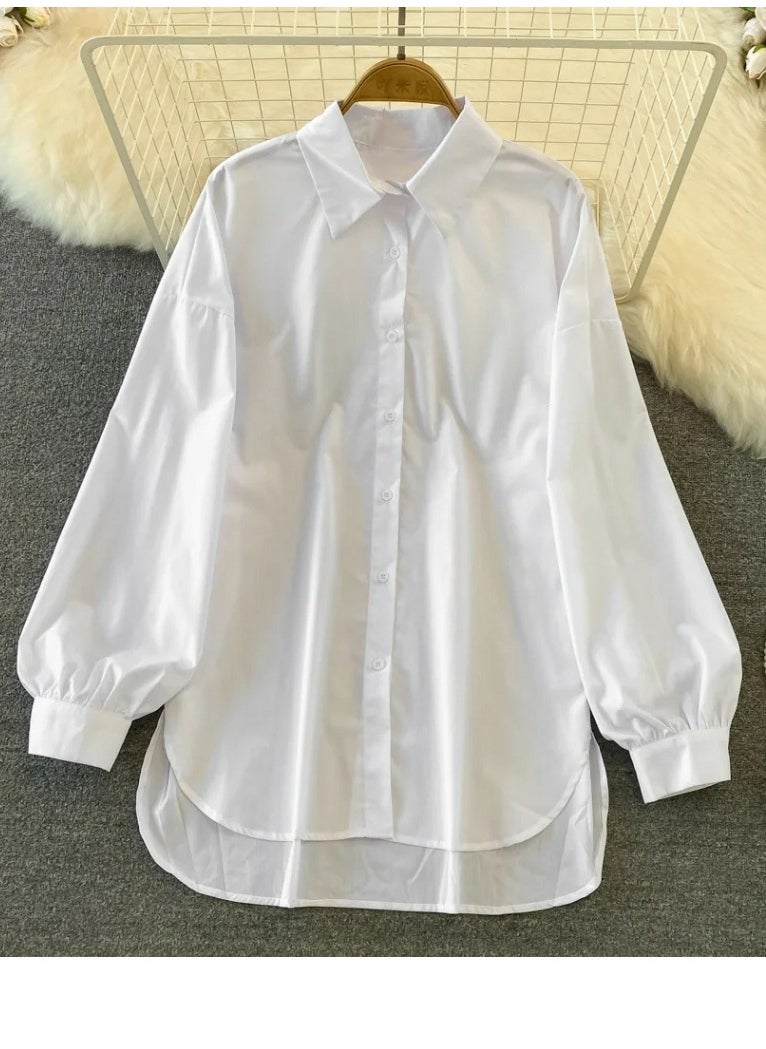 Women's Solid Long Sleeve Lapel Shirts Casual Asymmetric Hem Blouses White