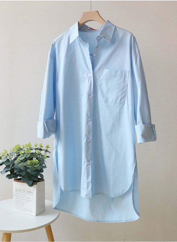 Women's Solid Long Length Lapel Shirts Casual Asymmetric Hem Blouses Light Blue