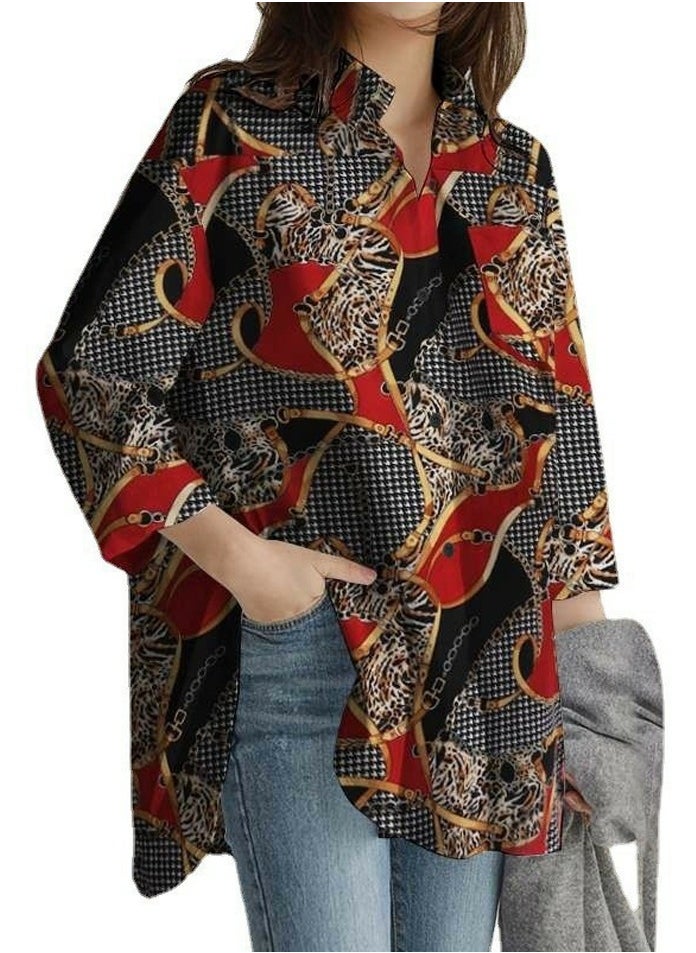 Women's Printed Long Sleeve Shirts Casual Loose Button Blouses Tops