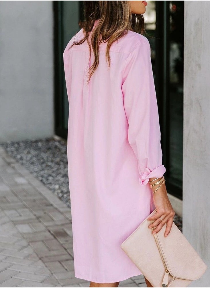 Women's Solid Long Length Lapel Shirts Casual Asymmetric Hem Blouses Pink