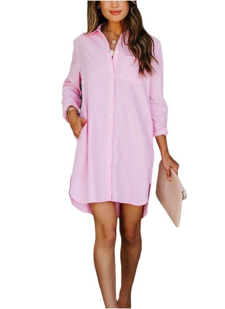 Women's Solid Long Length Lapel Shirts Casual Asymmetric Hem Blouses Pink