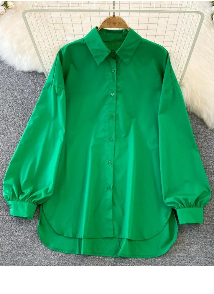 Women's Solid Long Sleeve Lapel Shirts Casual Asymmetric Hem Blouses Green