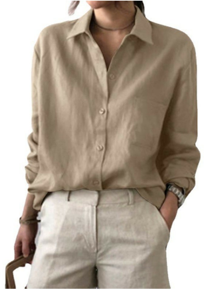 Women's Solid Long Sleeve Lapel Shirts Casual Blouses Khaki