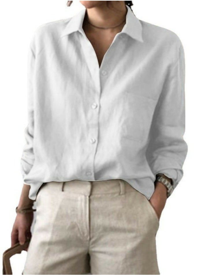 Women's Solid Long Sleeve Lapel Shirts Casual Blouses White