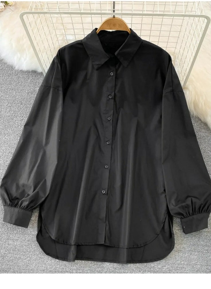 Women's Solid Long Sleeve Lapel Shirts Casual Asymmetric Hem Blouses Black