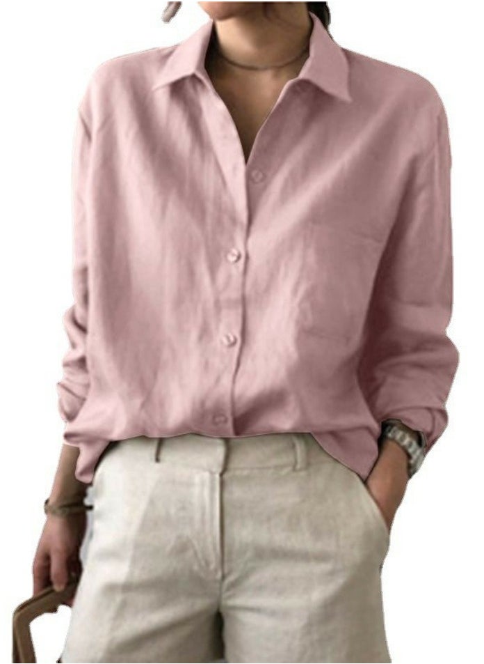 Women's Solid Long Sleeve Lapel Shirts Casual Blouses Pink