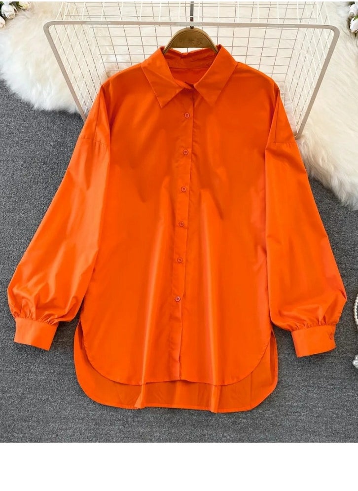 Women's Solid Long Sleeve Lapel Shirts Casual Asymmetric Hem Blouses Orange