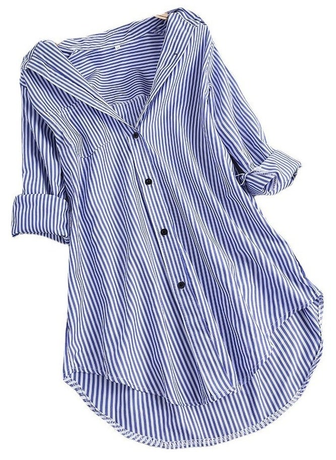 Women's Stripes Long Sleeve Lapel Shirts Casual Loose Blouses