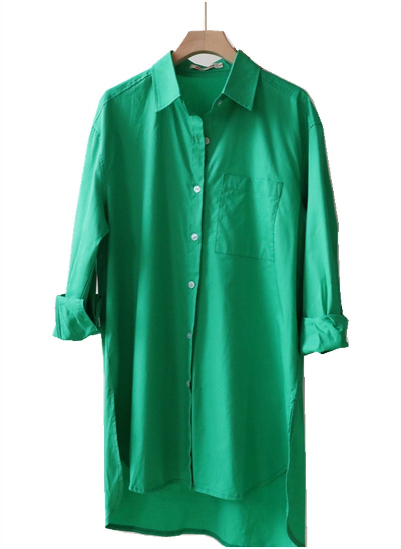 Women's Solid Long Length Lapel Shirts Casual Asymmetric Hem Blouses Green