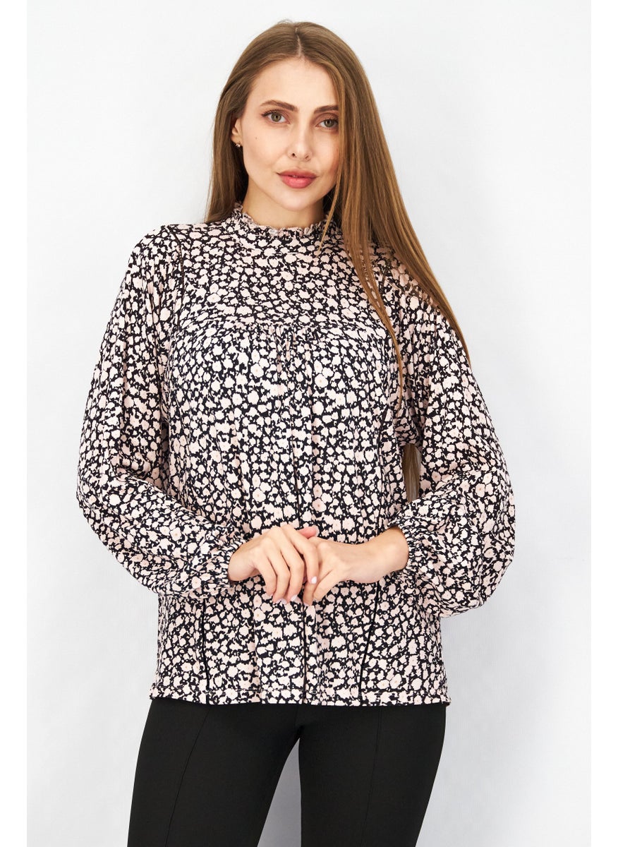 Women Mock Neck Long Sleeves Floral Print Blouse, Black/Peach