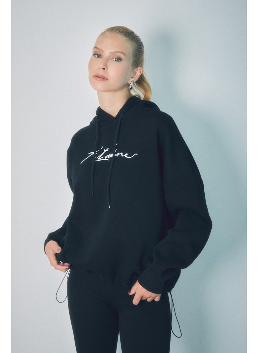 Elastic Waist Hooded Sweatshirt with Text Embroidery