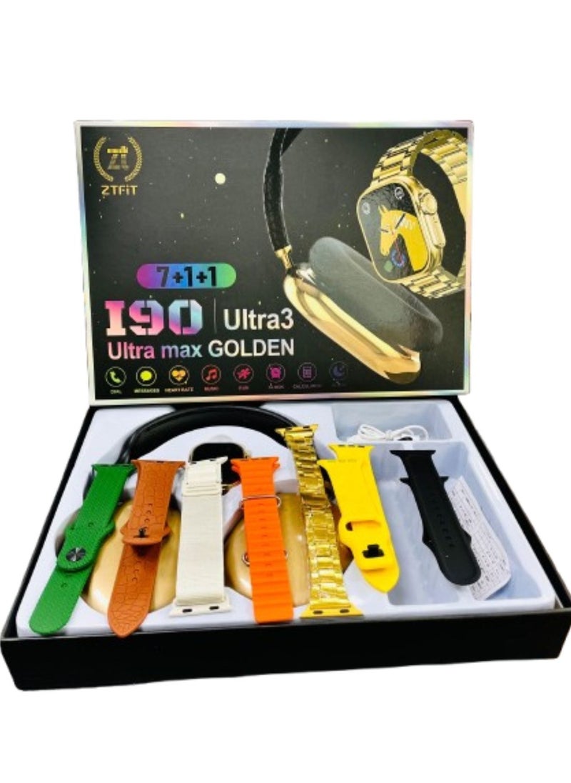 Headset with Smart Watch Ultra with 7+1+1 Straps Full Touch Color Screen Bluetooth Calling Health and Sports Smartwatch Multicolor