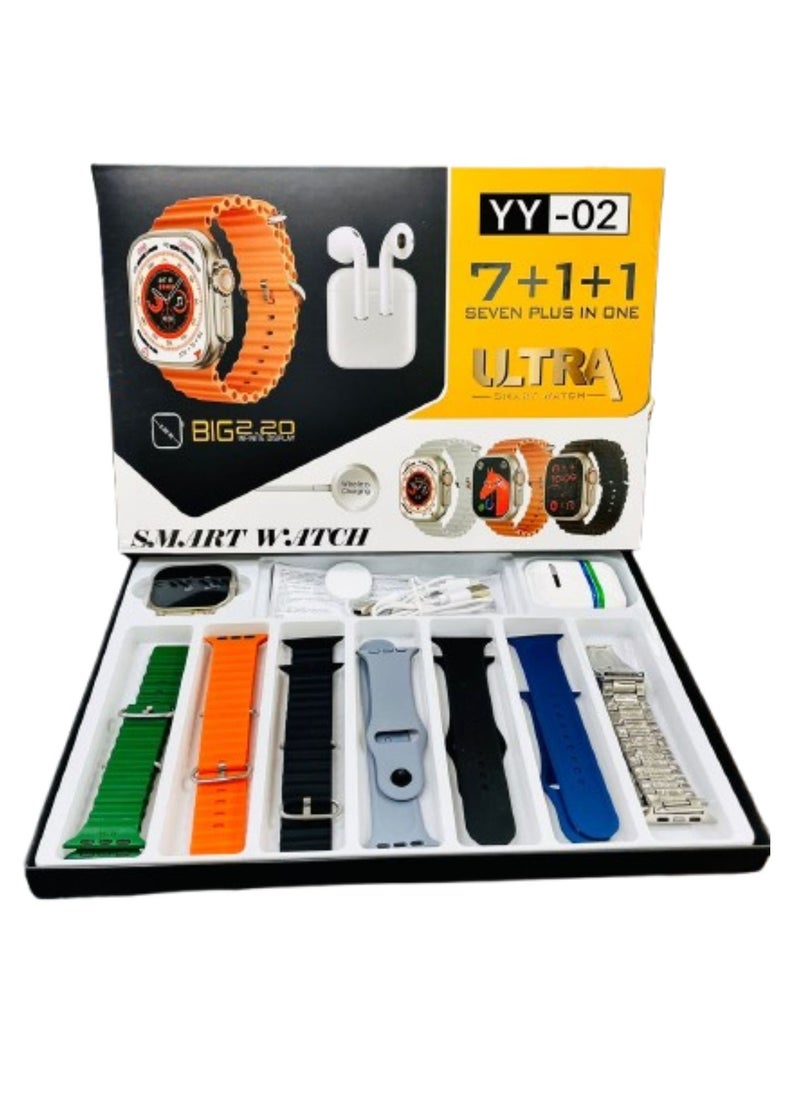 Smart Watch Ultra 7+1+1 with Earphones 8 Straps Full Touch Color Screen Bluetooth Calling Health and Sports Smartwatch Multicolor