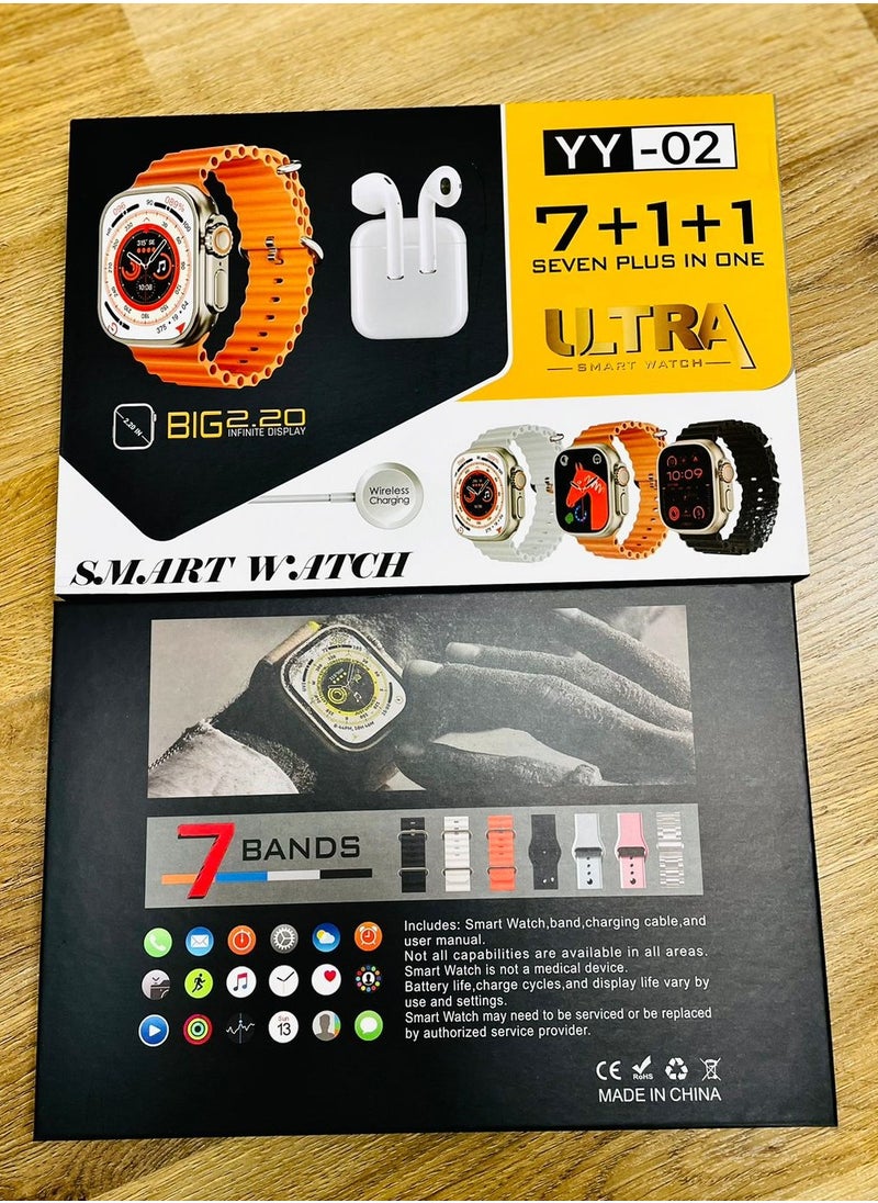 Smart Watch Ultra 7+1+1 with Earphones 8 Straps Full Touch Color Screen Bluetooth Calling Health and Sports Smartwatch Multicolor