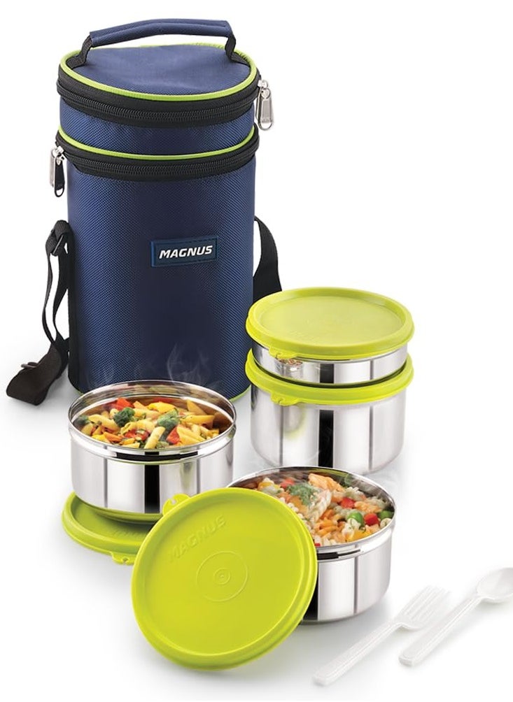 Magnus stainless steel lunch box set of four.easy lock containers 100% leakproof and airtight contain with washable lunch bag