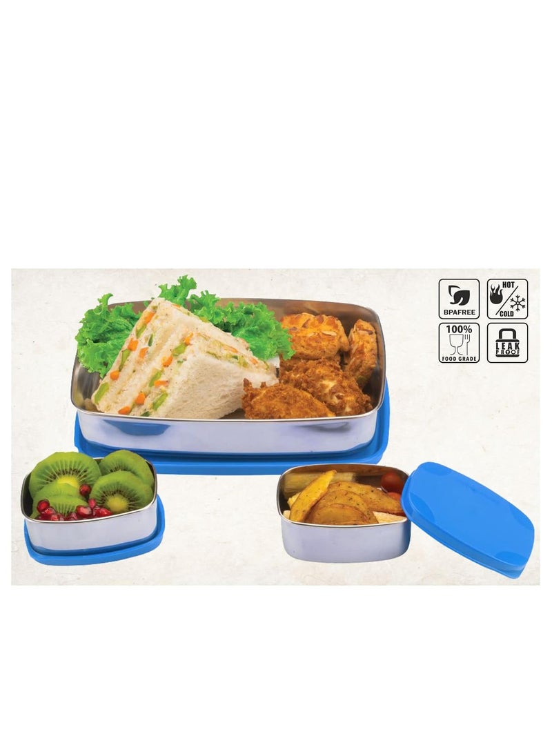 Signora ware hot shot steel lunch box, 850Ml+100Ml+100Ml, set of three, blue