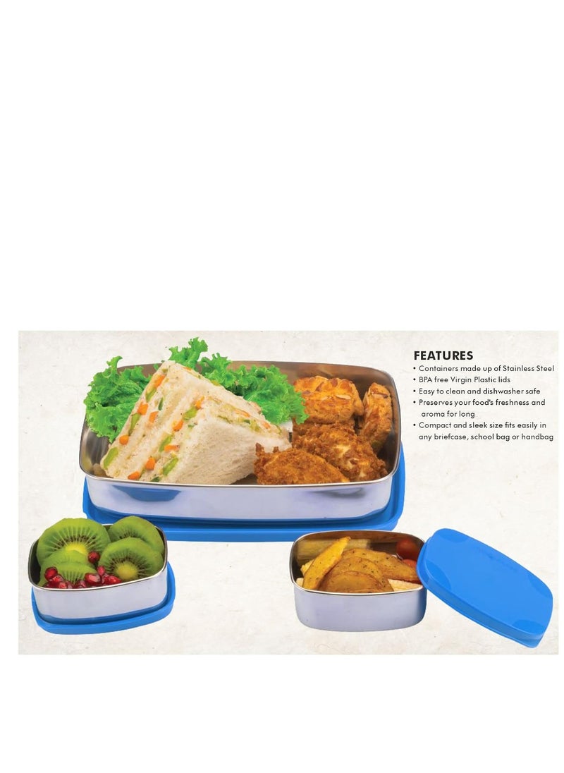 Signora ware hot shot steel lunch box, 850Ml+100Ml+100Ml, set of three, blue