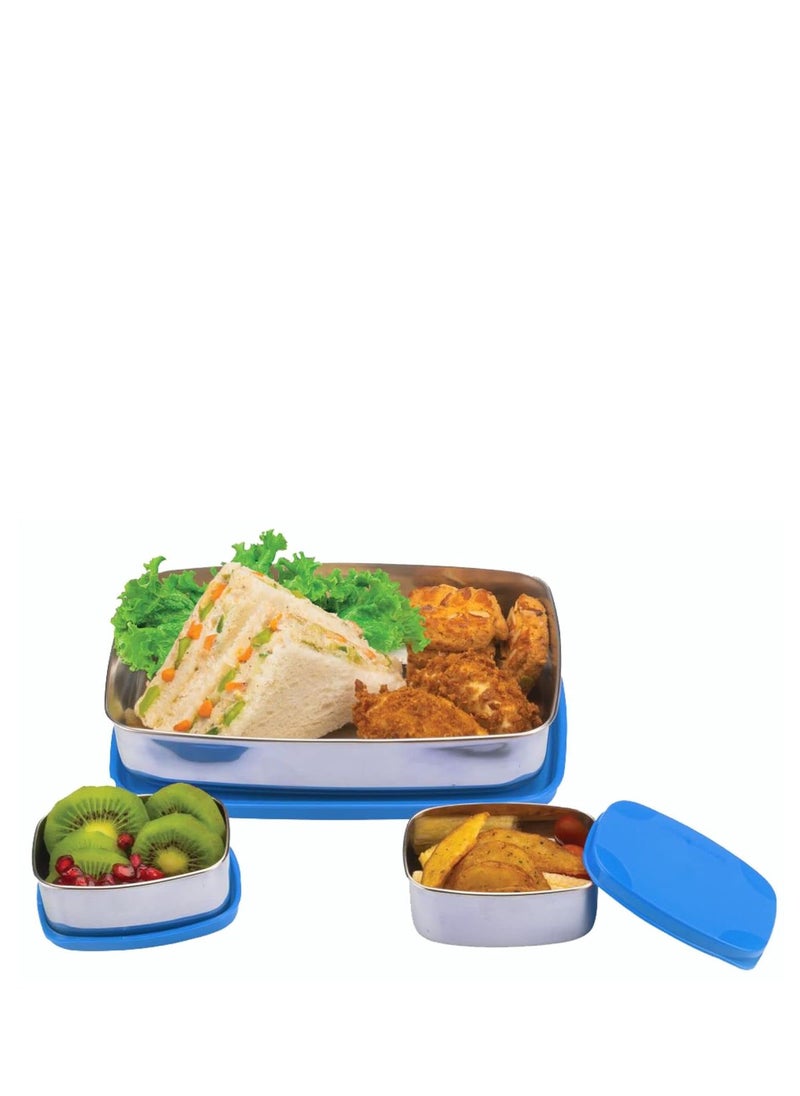 Signora ware hot shot steel lunch box, 850Ml+100Ml+100Ml, set of three, blue