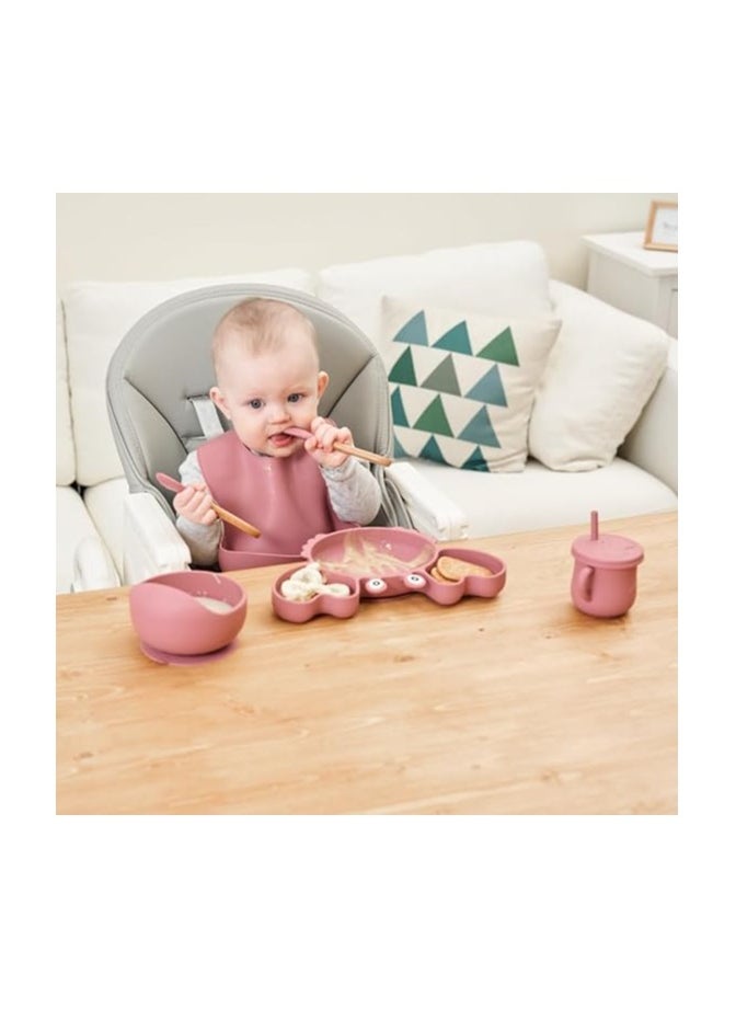 Twisoo 9-Piece Silicone Baby Feeding Set - Suction Plate, Spill-Proof Bib, Spoon & Fork, Leak-Proof Cups,Pink