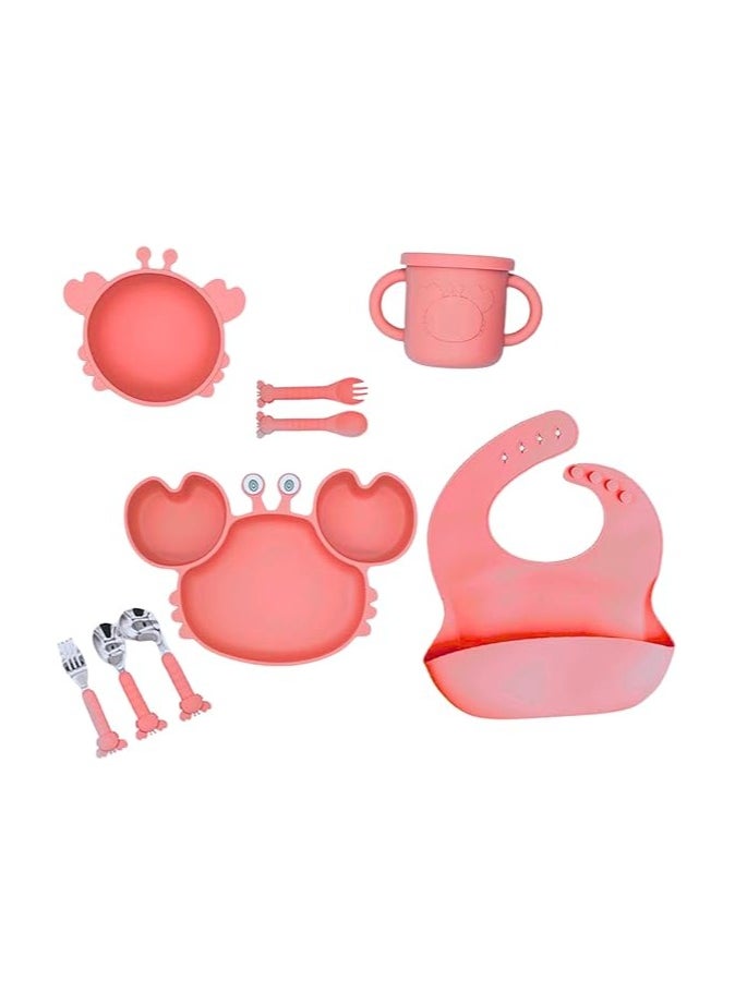 Twisoo 9-Piece Silicone Baby Feeding Set - Suction Plate, Spill-Proof Bib, Spoon & Fork, Leak-Proof Cups,Pink