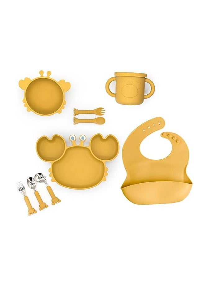 Twisoo 9-Piece Silicone Baby Feeding Set - Suction Plate, Spill-Proof Bib, Spoon & Fork, Leak-Proof Cups, Yellow