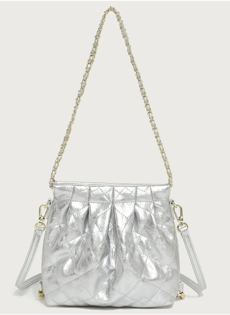 Small Bucket Bag for Women Simple Style Hobo Backpack Handbag Silver