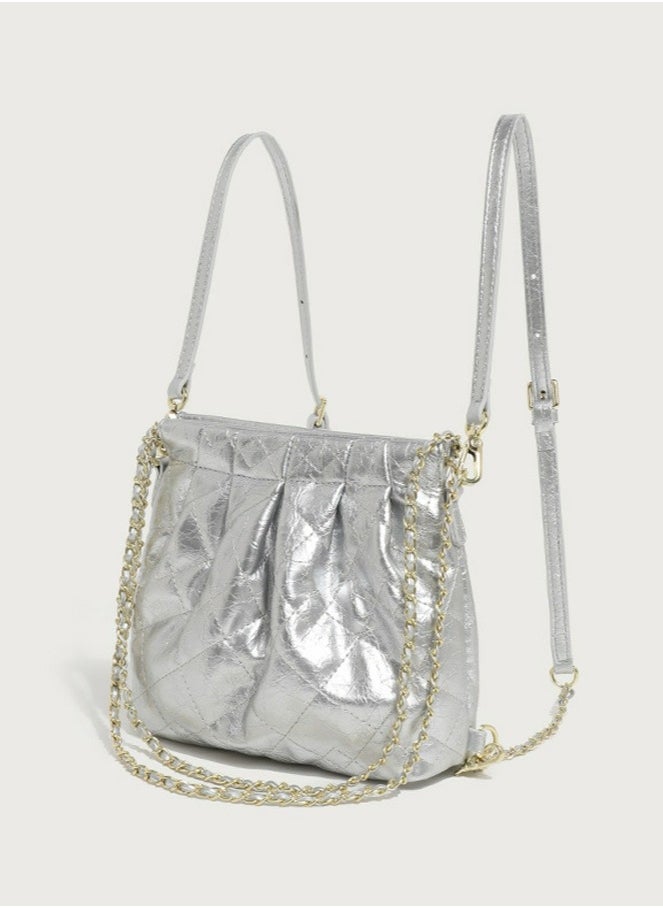 Small Bucket Bag for Women Simple Style Hobo Backpack Handbag Silver