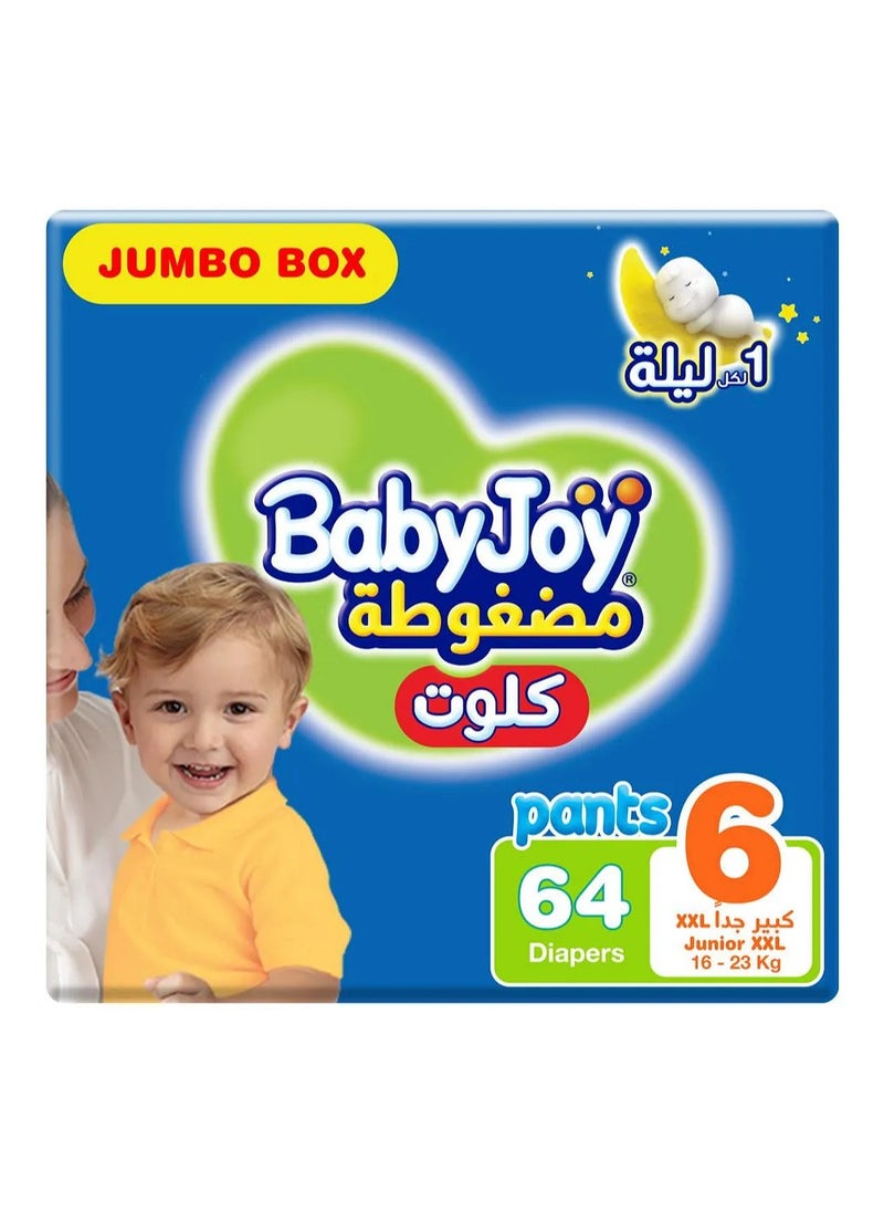 BabyJoy Compressed Culotte Pant Style Diapers, 64 Pieces Jumbo Box, Size 6, 16-23Kg - Leak Protection, Navel Cut Design, Breathable Material