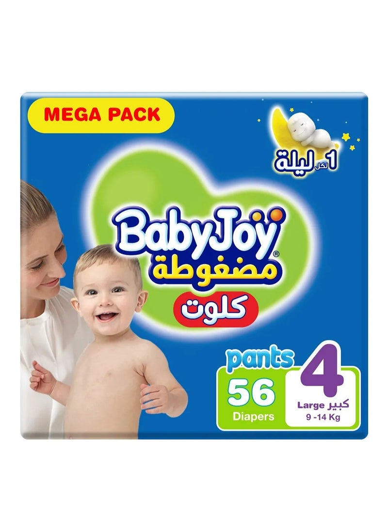 BabyJoy Compressed Culotte Pant Style Diapers, 56 Pieces Mega Pack, Size 4, 9-14Kg - Leak Protection, Navel Cut Design, Breathable Material