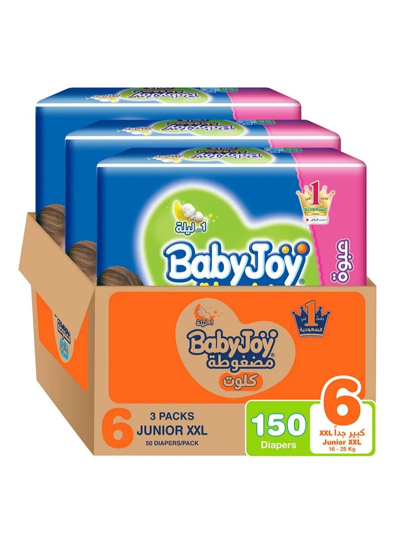 BabyJoy Compressed Culotte Pant Style Diapers, 150 Pieces, Size 6 Junior XXL, 16-25kg, 12 Hours Leakproof Protection, Soft Cotton Touch, Wide Barriers