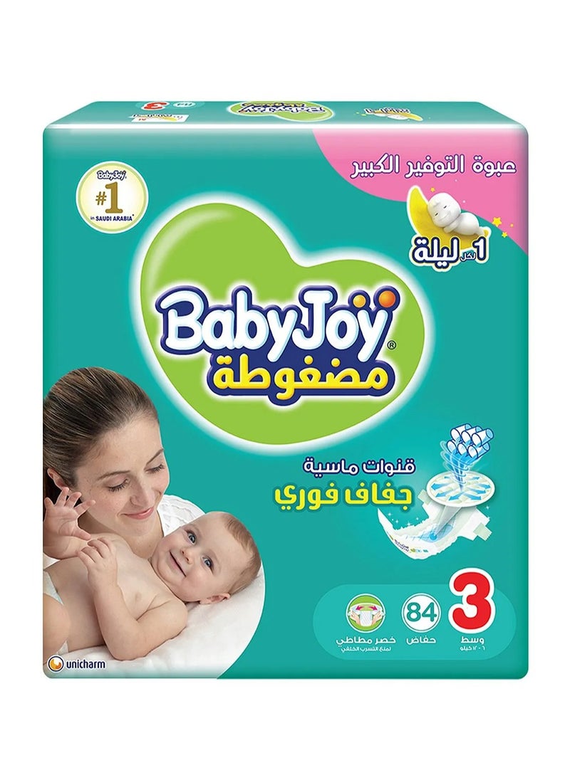 BabyJoy Compressed Diamond Pad Tape Style Diapers, 84 Pieces Giant Pack, Size 3 Medium, 6-12kg - 12Hrs Leakage Protection, Cottony Soft, Waist Stretch, Breathable