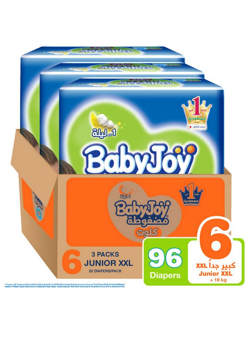 BabyJoy Compressed Culotte Pant Style Diapers, 96 Pieces, Size 6 Junior XXL, 16-25kg, 12 Hours Leakproof Protection, Soft Cotton Touch, Wide Barriers