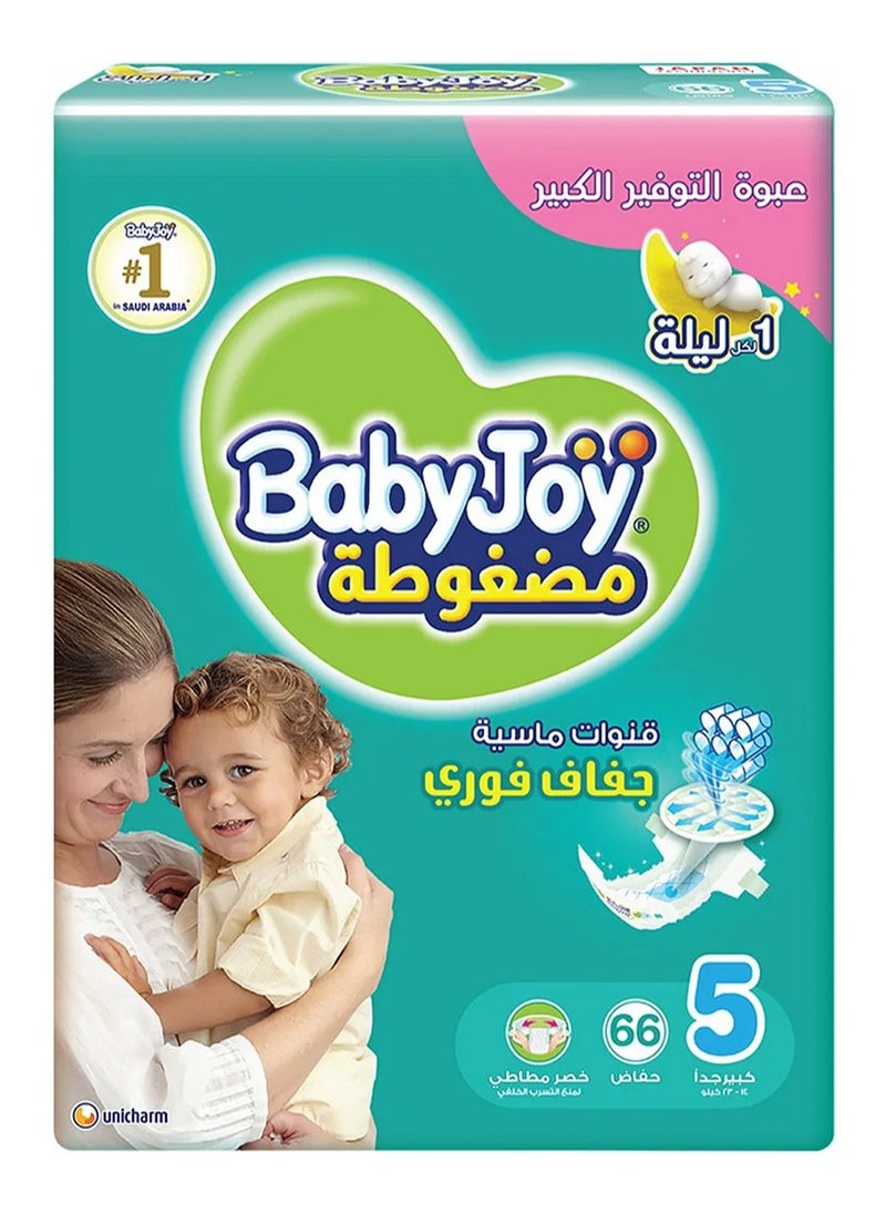 BabyJoy Compressed Diamond Pad Tape Style Diapers, 66 Pieces, Size 5 Junior, 14 to 23kg - Waist Stretch, Cotton Soft, 12Hrs Leak Protection