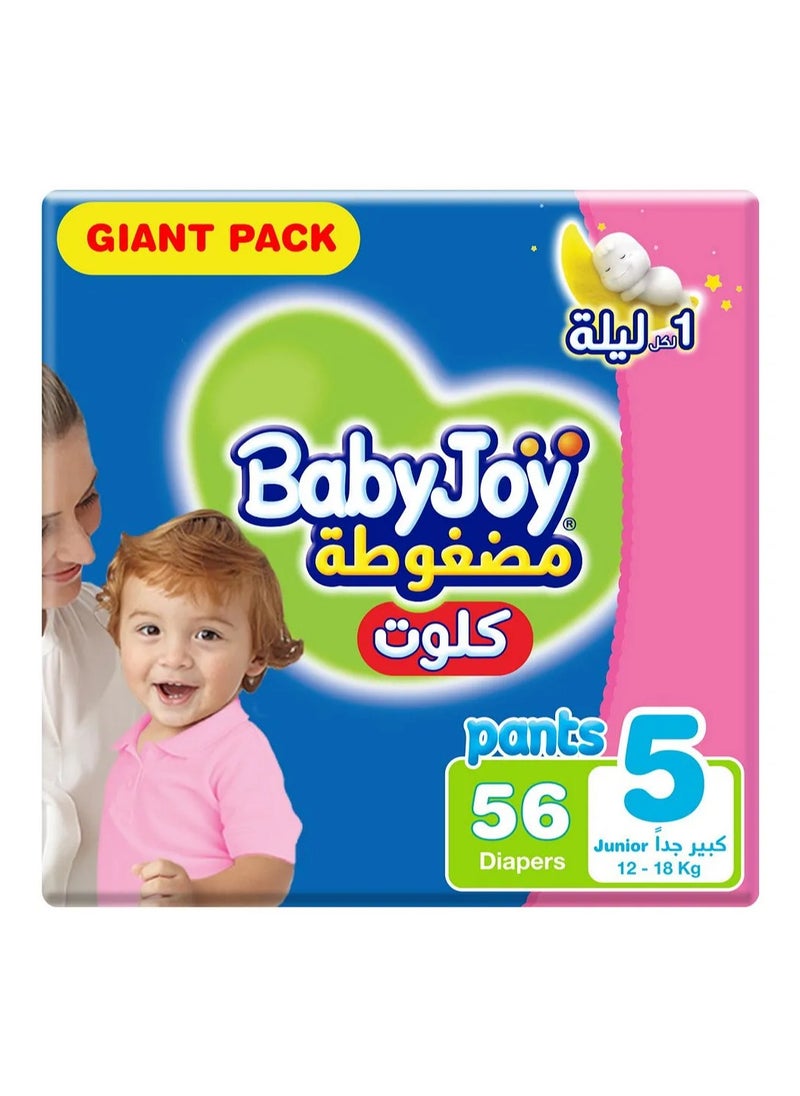 BabyJoy Compressed Culotte Pant Style Diapers, 56 Pieces Giant Pack, Size 5, 12-18Kg - Leak Protection, Navel Cut Design, Breathable Material