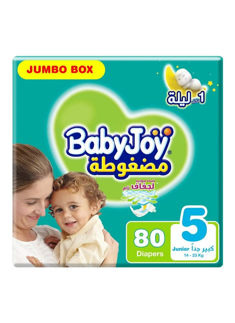 BabyJoy Compressed Diamond Pad Tape Style Diapers, 80 Pieces Jumbo Box, Size 5 Junior, 14-23kg - 12Hrs Leakage Protection, Cottony Soft, Waist Stretch, Breathable